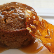 Sticky Date Puddings with Butterscotch Sauce and Almond Praline